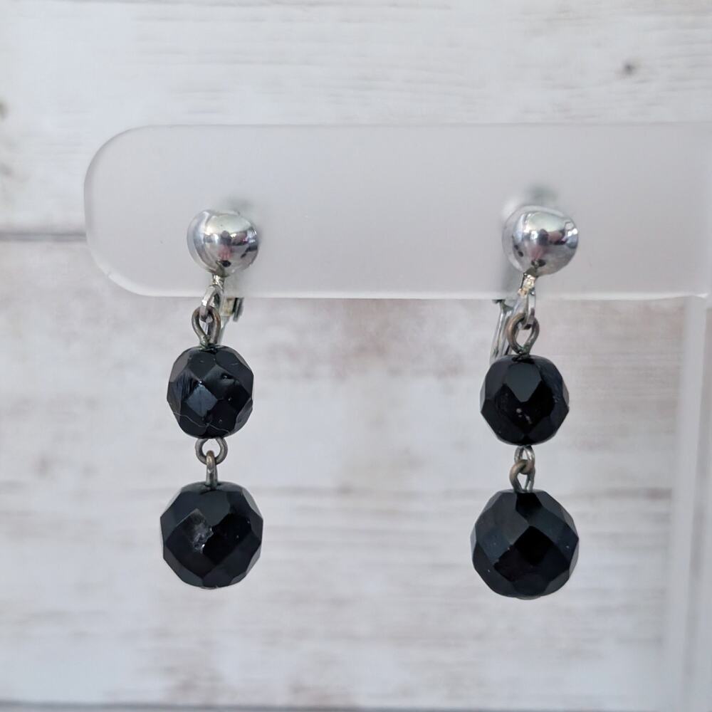 Vintage Clip On Earrings Faceted Black Dangle